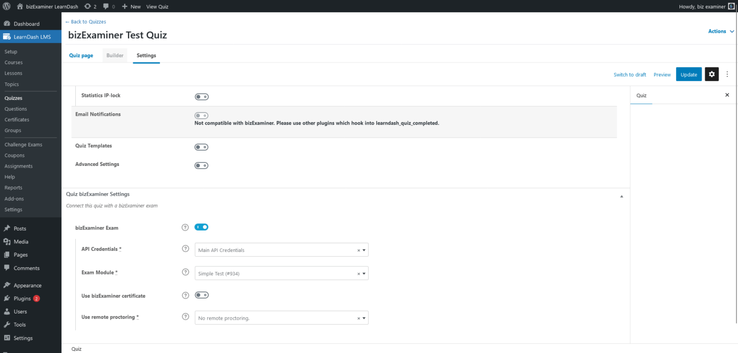 Screenshot showing how to enable the bizExaminer integration for a quiz.
