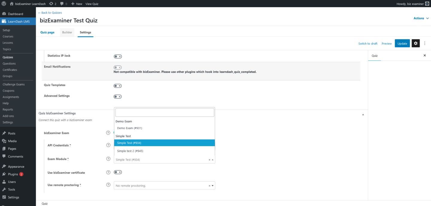 Screenshot showing how to select the connected exam module.