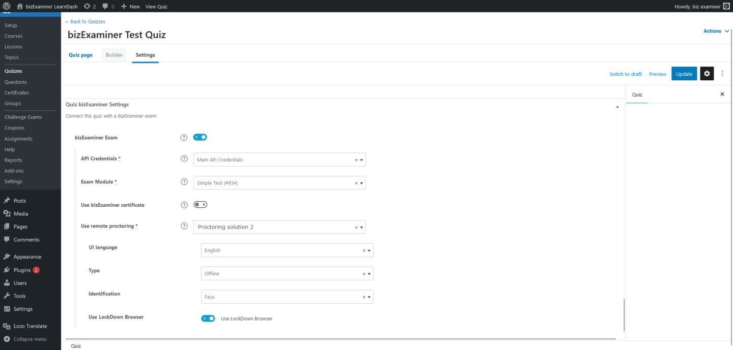 Screenshot showing further options for remote proctoring, depending on the chosen remote proctor solution.