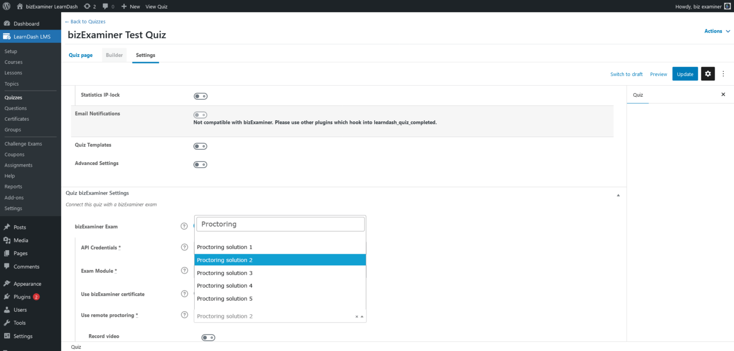 Screenshot showing how to select an available remote proctoring solution.