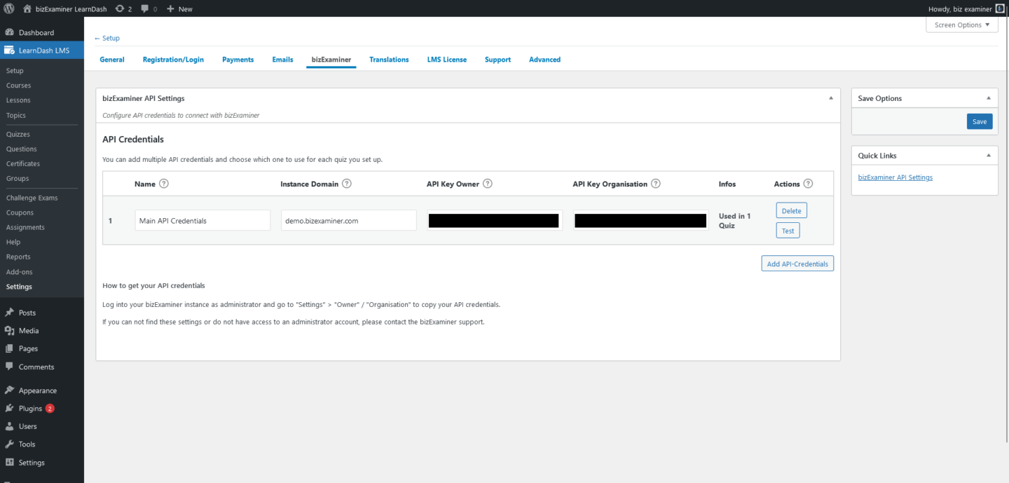 Screenshot showing the api credentials section screen.