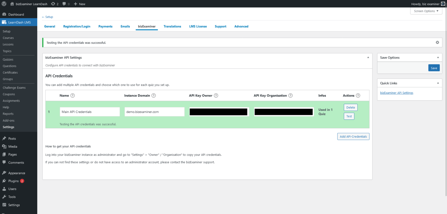 Sreenshot showing how to test if api credentials are valid.