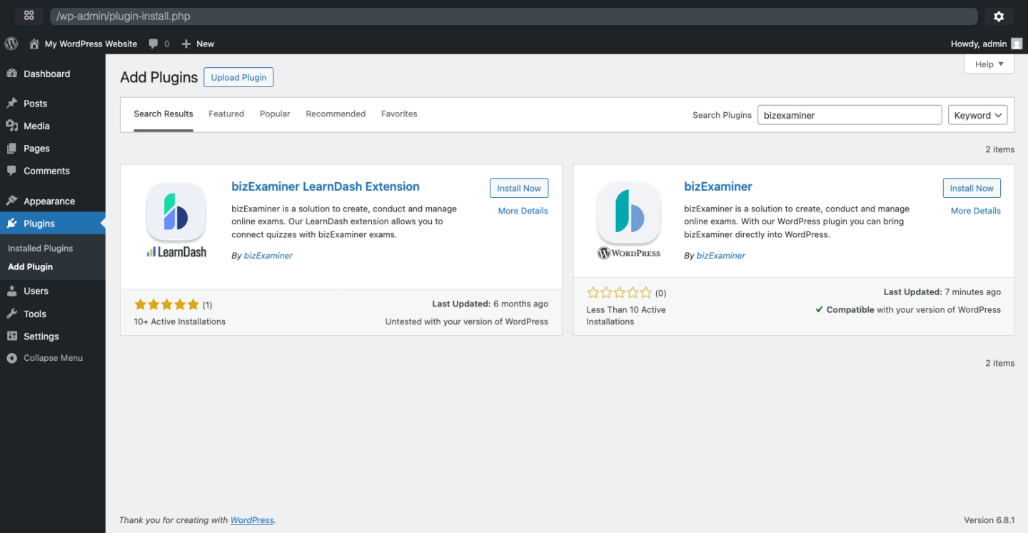 Screenshot showing the WP-admin plugin search and installation process.