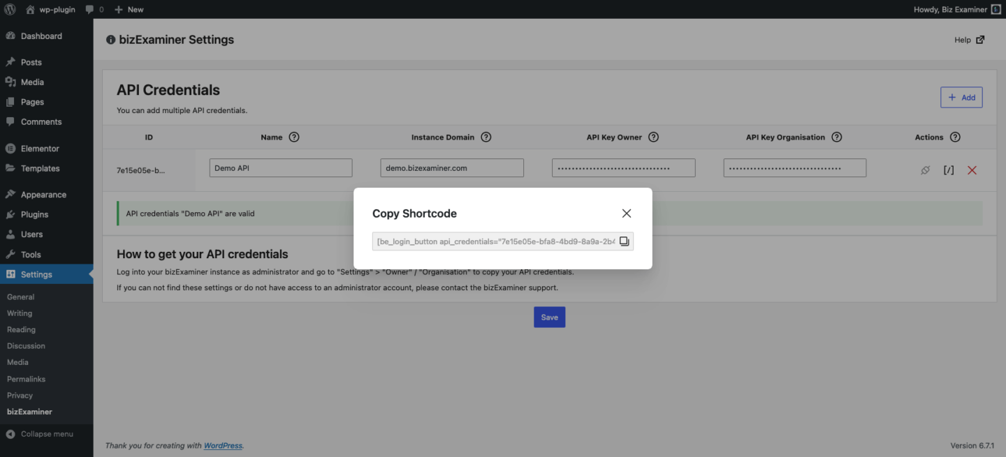 A screenshot showing how to generate a shortcode for API credentials