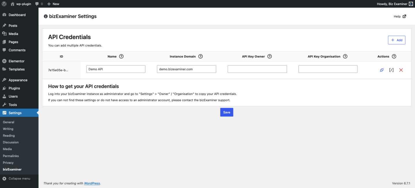 Screenshot showing the api credentials section screen.