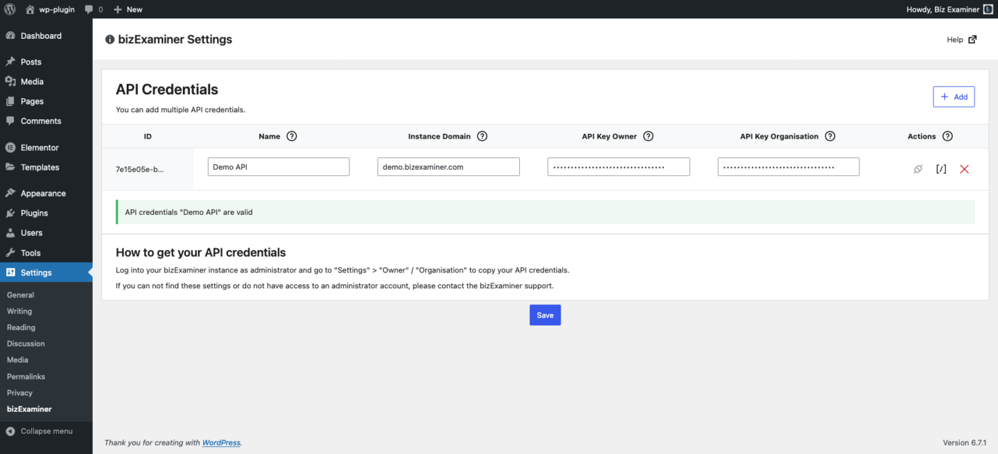 Sreenshot showing how to test if api credentials are valid.